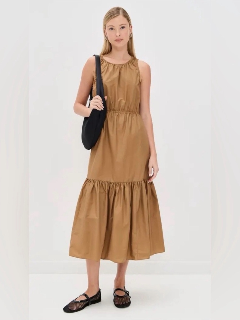 NWT Theory Soft Lawn Sleeveless Gathered Bronze Tiered Midi Dress Cotton Blend S